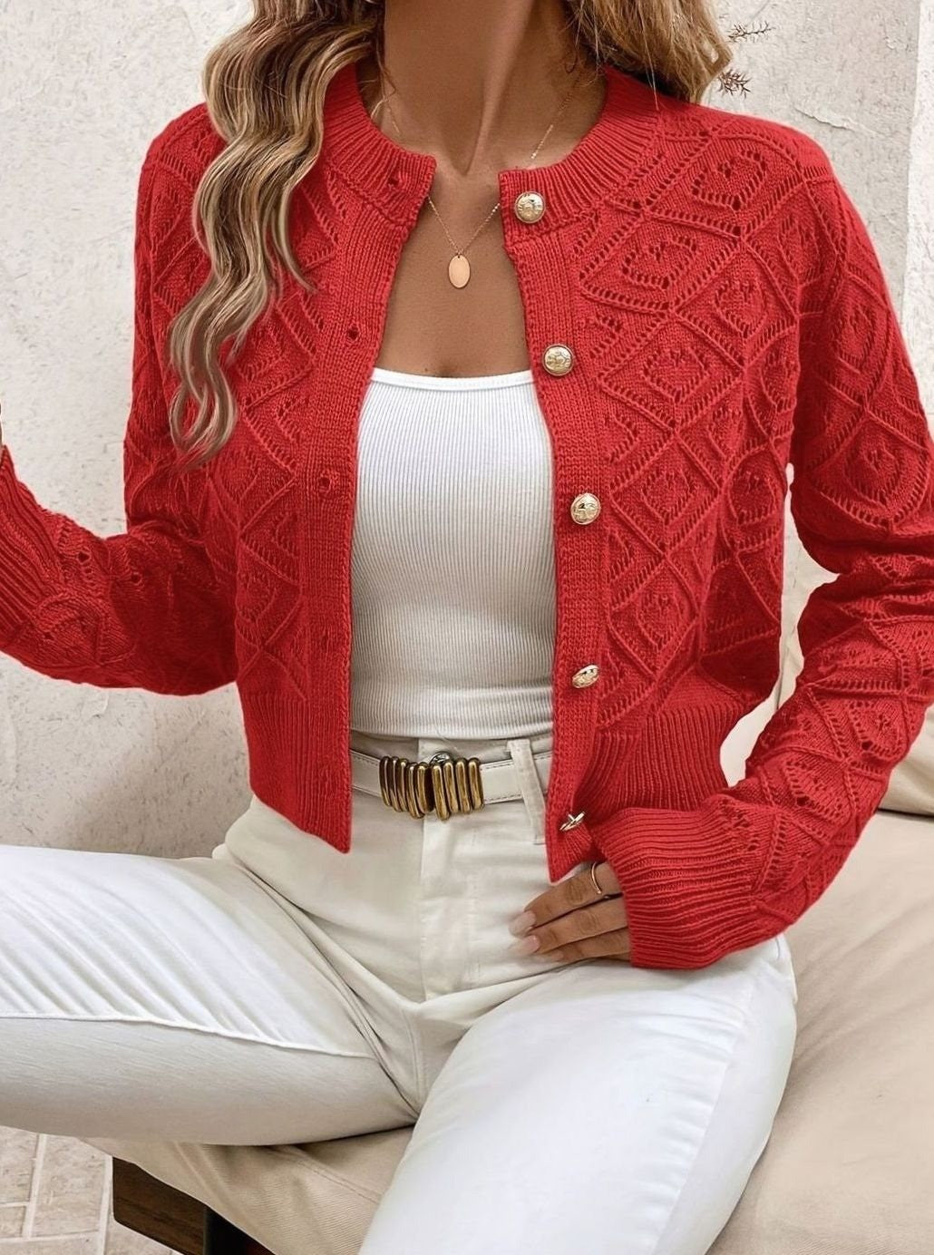 Women's Cropped Pointelle Cardigan with Gold Buttons - Tamsin - Red