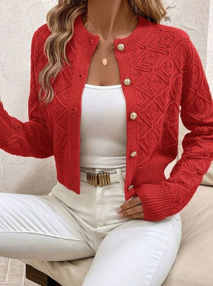 Women's Cropped Pointelle Cardigan with Gold Buttons - Tamsin - Red