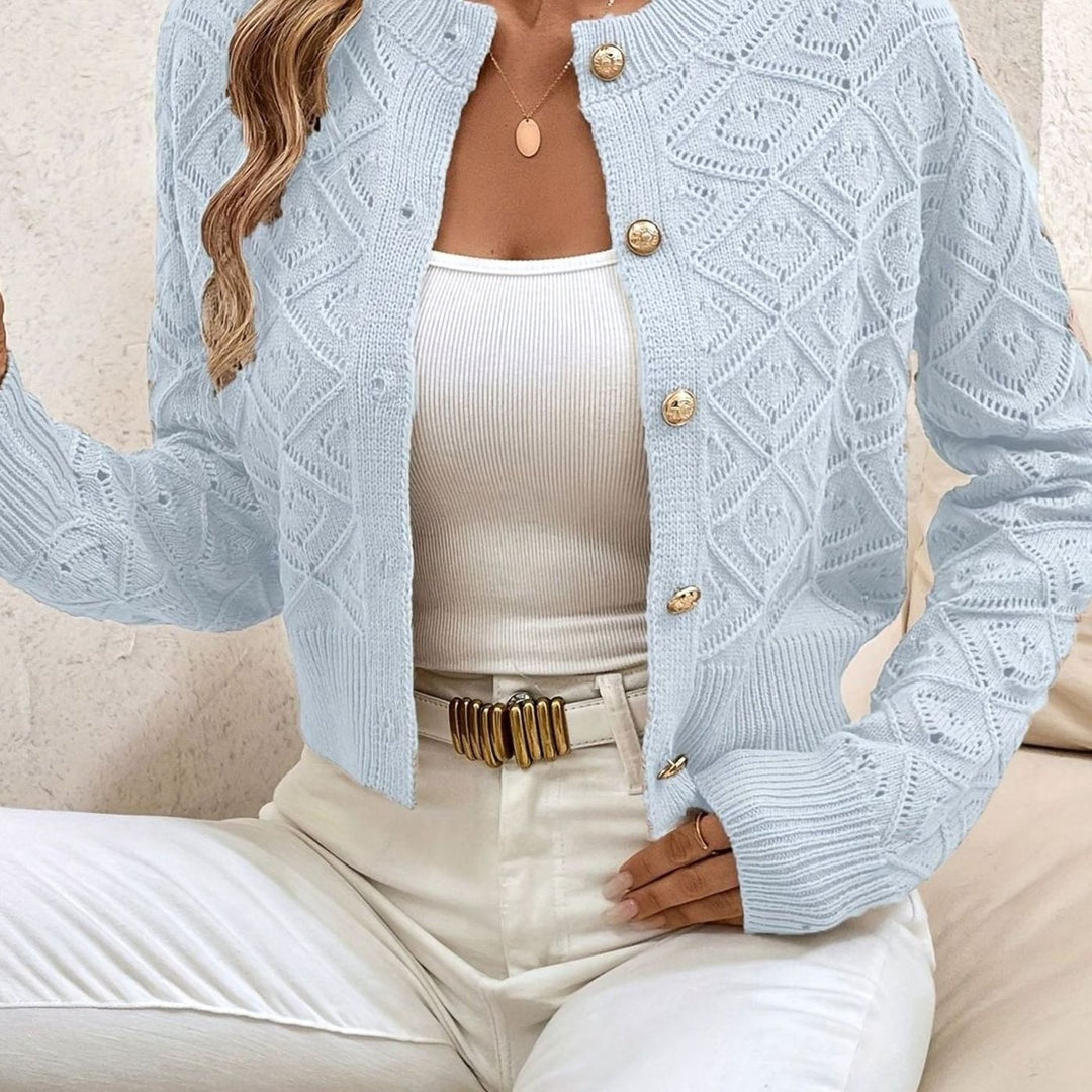 Women's Cropped Pointelle Cardigan with Gold Buttons - Tamsin - Sky Blue
