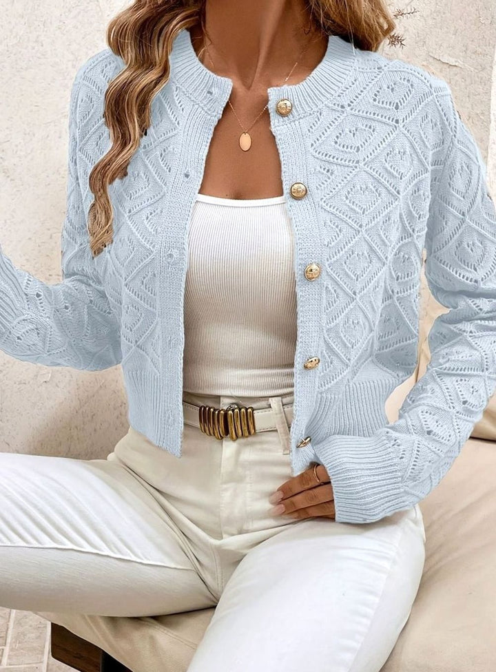Women's Cropped Pointelle Cardigan with Gold Buttons - Tamsin - Sky Blue