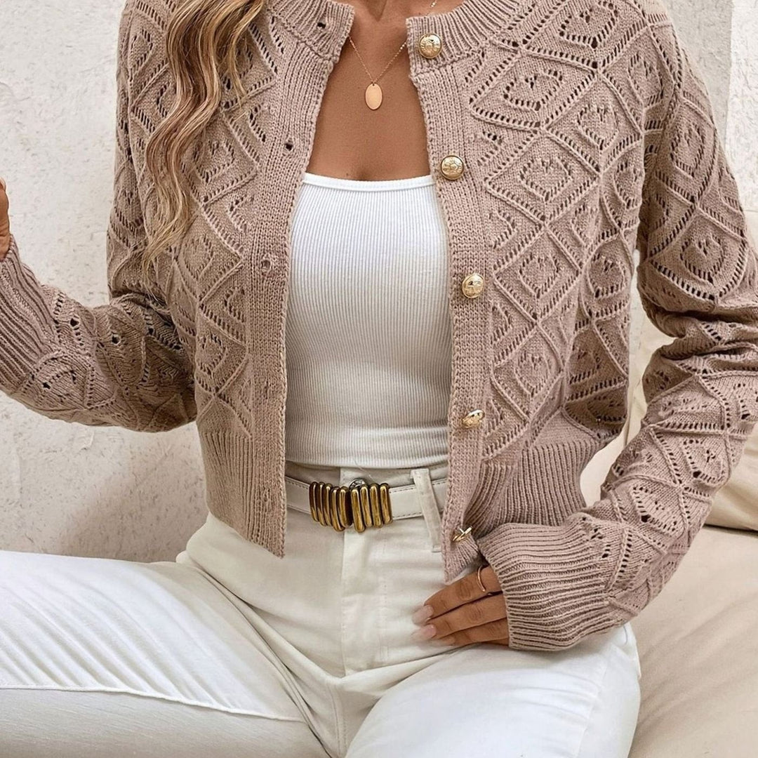 Women's Cropped Pointelle Cardigan with Gold Buttons - Tamsin - Taupe