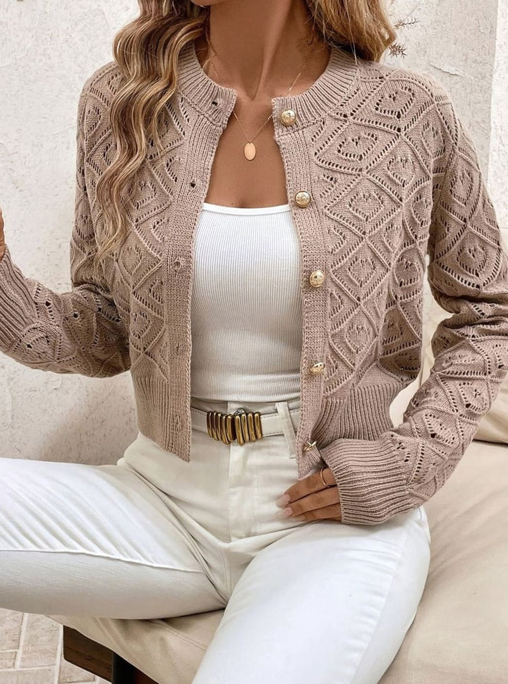 Women's Cropped Pointelle Cardigan with Gold Buttons - Tamsin - Taupe