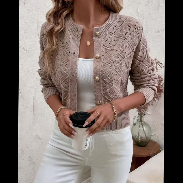 Women's Cropped Pointelle Cardigan with Gold Buttons - Tamsin - Taupe