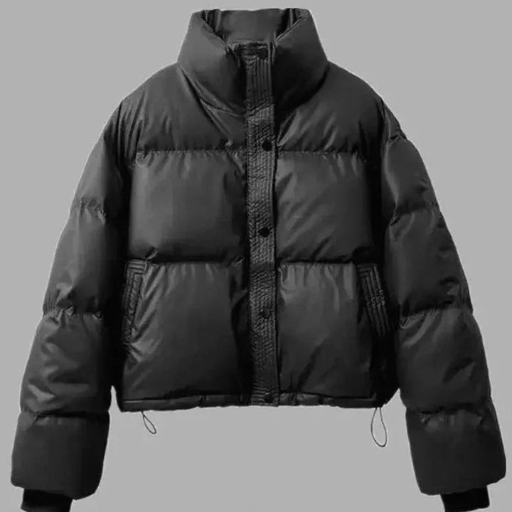 Women's Cropped Puffer Jacket with Stand Collar - Frida - Black
