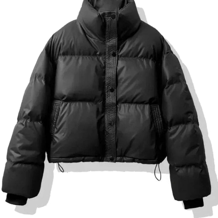 Women's Cropped Puffer Jacket with Stand Collar - Frida - Black