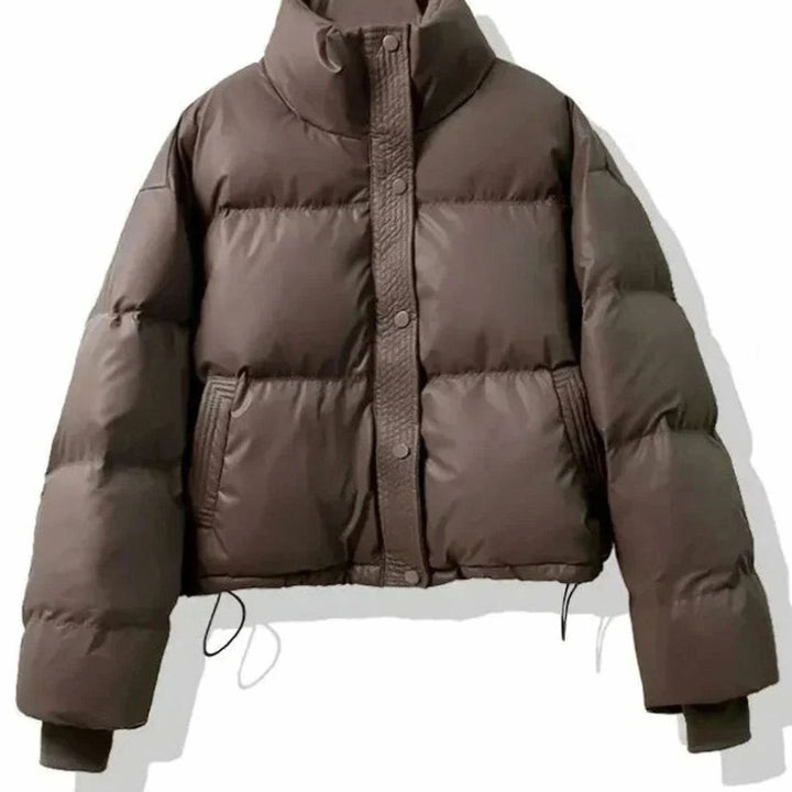 Women's Cropped Puffer Jacket with Stand Collar - Frida - Coffee