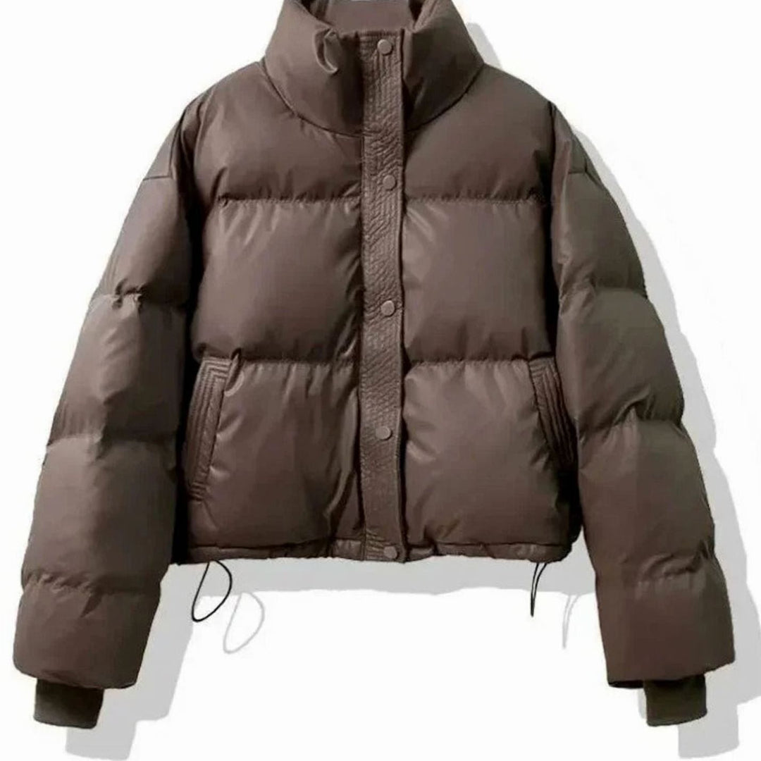 Women's Cropped Puffer Jacket with Stand Collar - Frida - Coffee