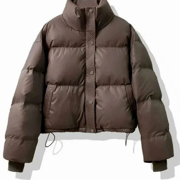 Women's Cropped Puffer Jacket with Stand Collar - Frida - Coffee