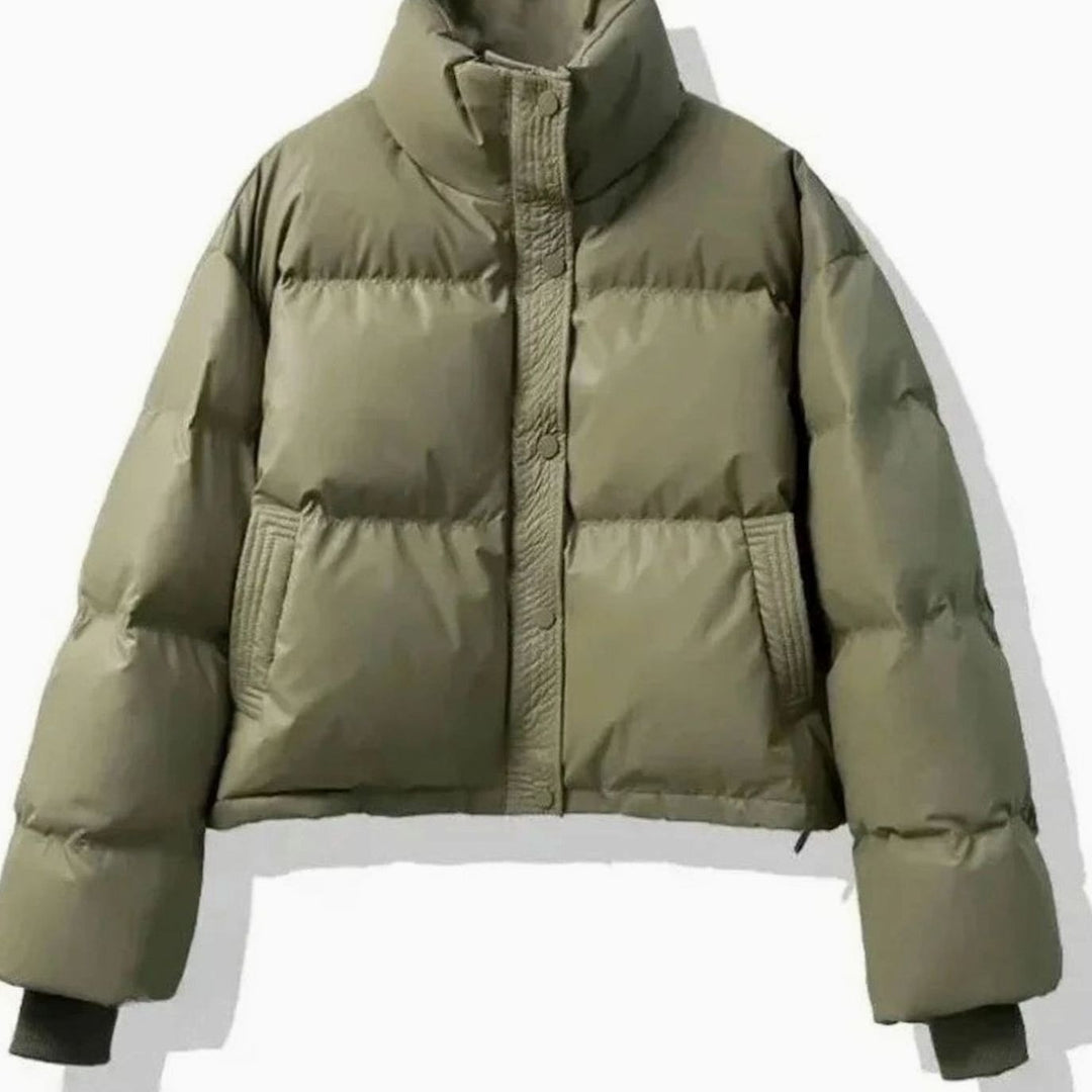 Women's Cropped Puffer Jacket with Stand Collar - Frida - Olive