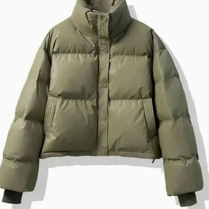 Women's Cropped Puffer Jacket with Stand Collar - Frida - Olive