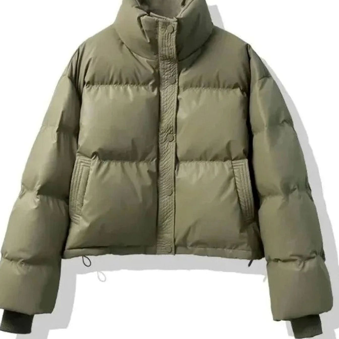 Women's Cropped Puffer Jacket with Stand Collar - Frida - Olive