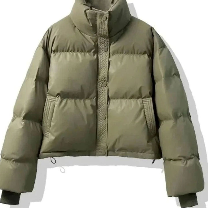 Women's Cropped Puffer Jacket with Stand Collar - Frida - Olive