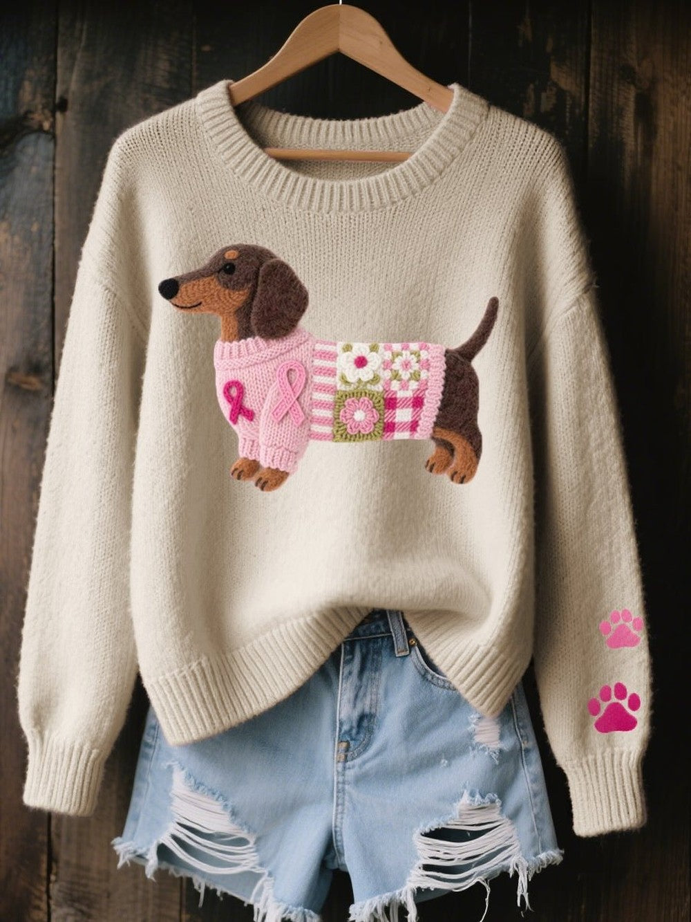 Women's Dachshund Sweater with Paw Print Sleeve - Kyla - Beige