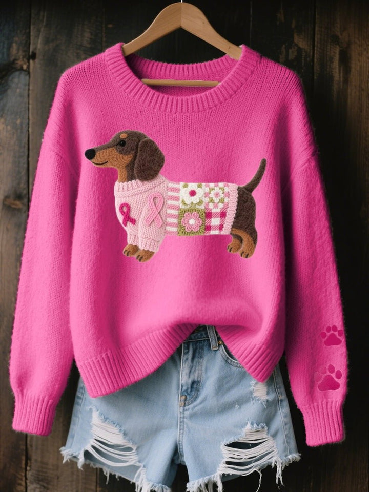 Women's Dachshund Sweater with Paw Print Sleeve - Kyla - Hot Pink