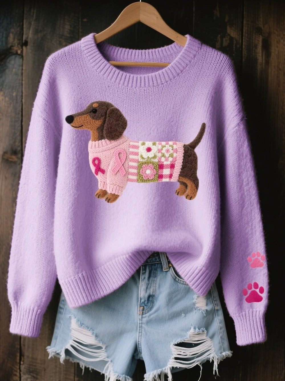 Women's Dachshund Sweater with Paw Print Sleeve - Kyla - Lilac
