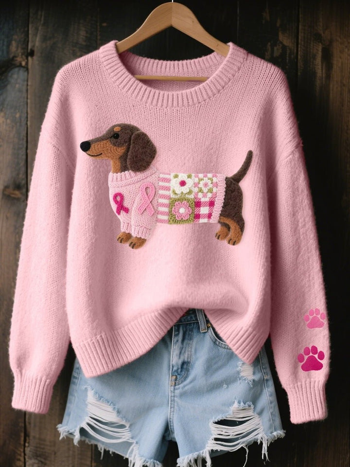 Women's Dachshund Sweater with Paw Print Sleeve - Kyla - Pink