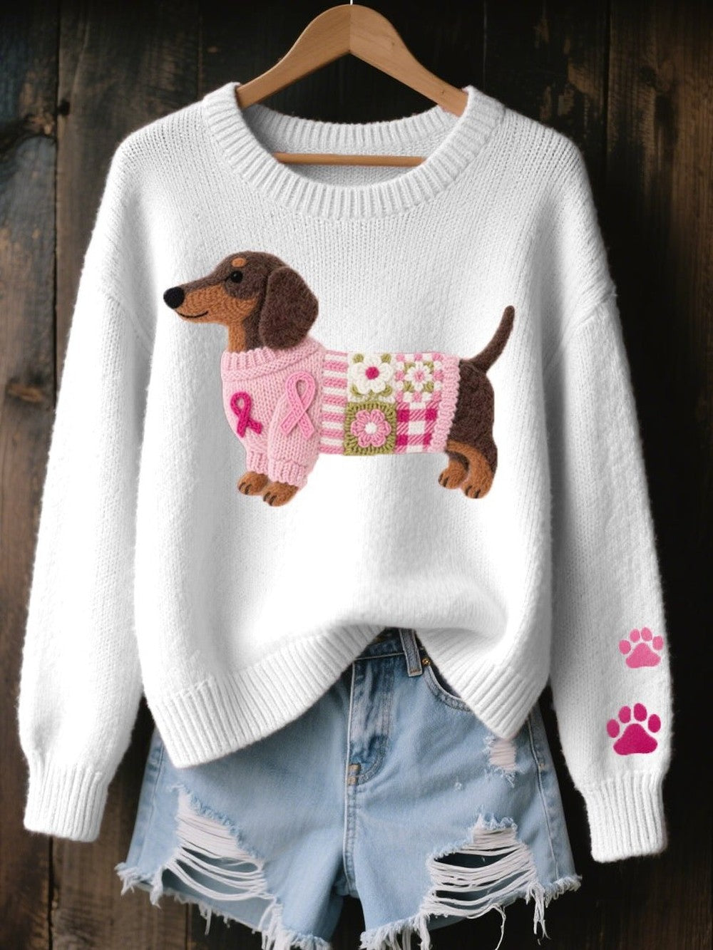 Women's Dachshund Sweater with Paw Print Sleeve - Kyla - White