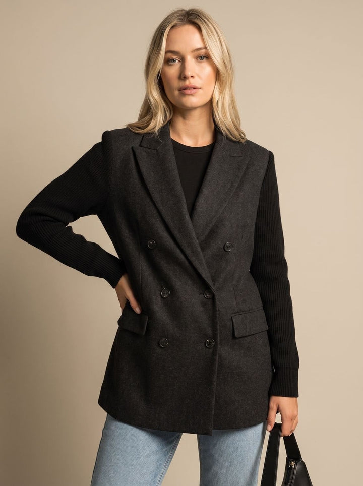 Women's Double Breasted Blazer with Ribbed Sleeves - Hazel - Black