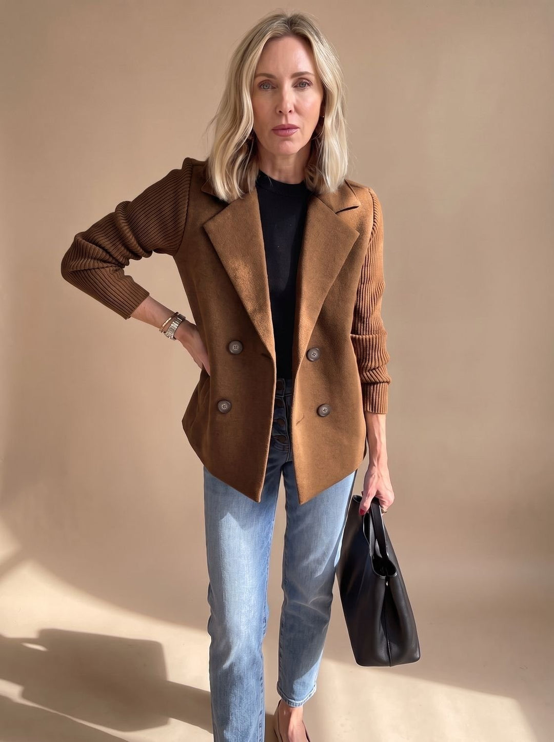 Women's Double Breasted Blazer with Ribbed Sleeves - Hazel - Brown