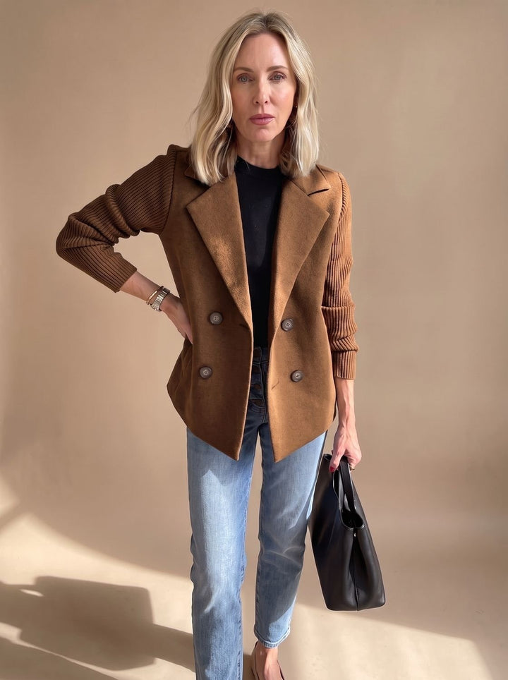 Women's Double Breasted Blazer with Ribbed Sleeves - Hazel - Brown