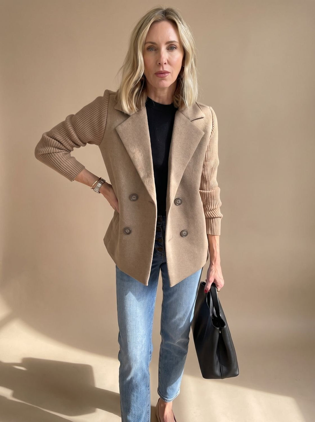 Women's Double Breasted Blazer with Ribbed Sleeves - Hazel - Camel