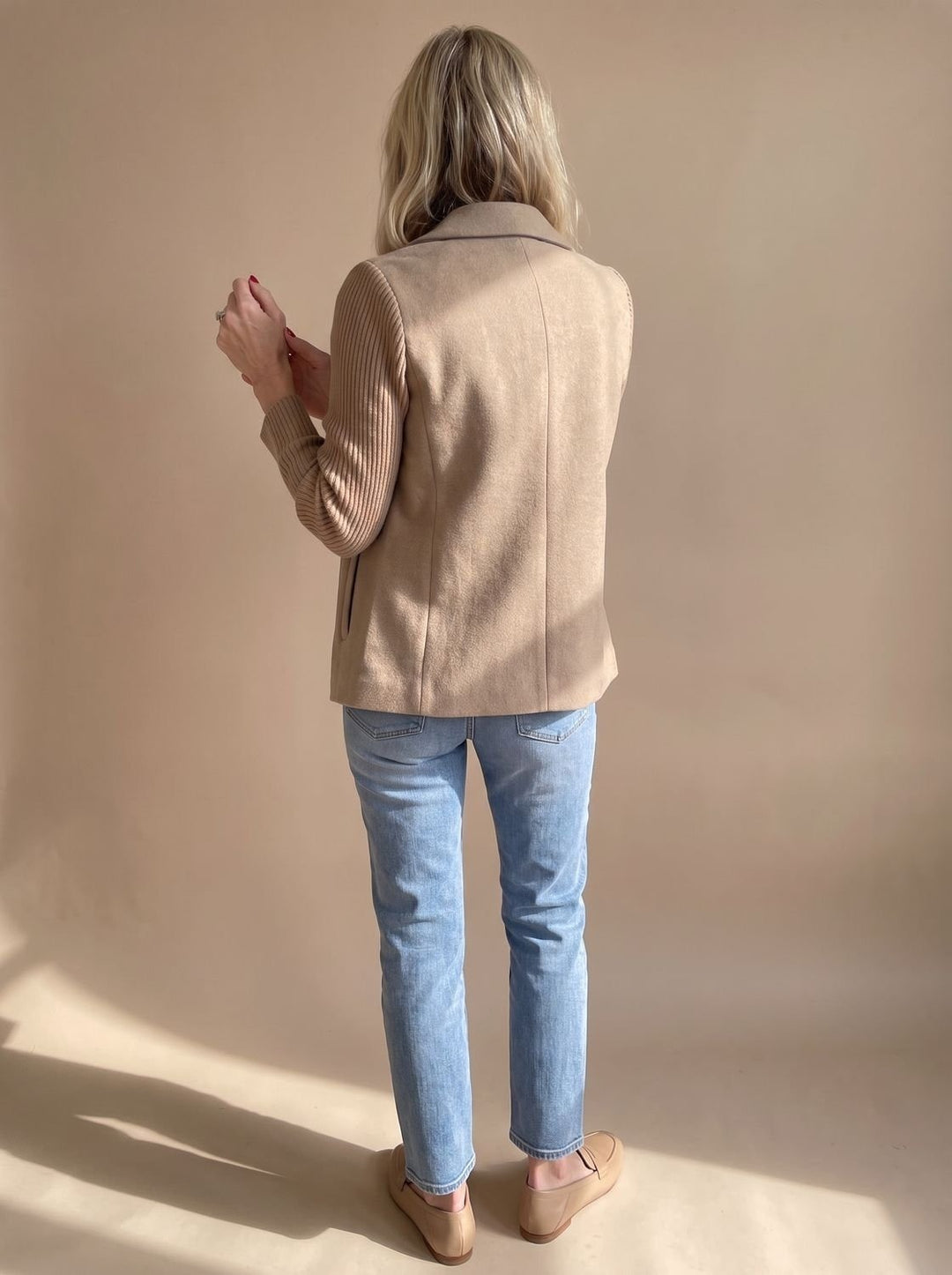 Women's Double Breasted Blazer with Ribbed Sleeves - Hazel - Camel