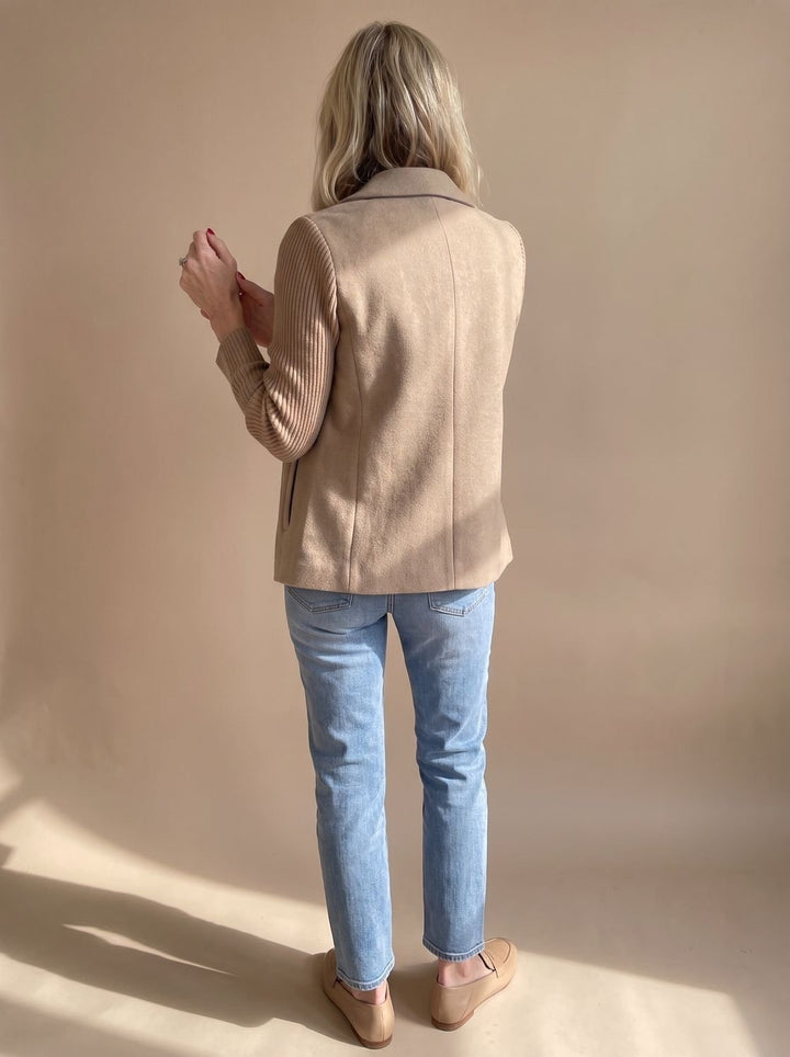 Women's Double Breasted Blazer with Ribbed Sleeves - Hazel - Camel