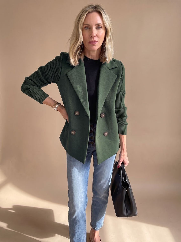 Women's Double Breasted Blazer with Ribbed Sleeves - Hazel - Dark Green