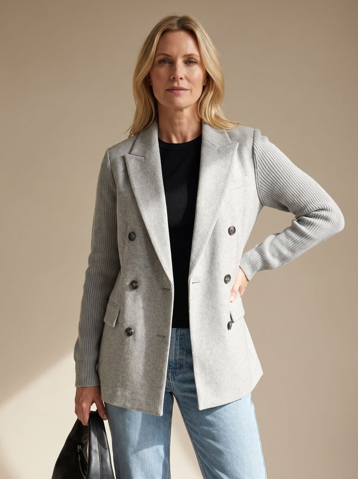 Women's Double Breasted Blazer with Ribbed Sleeves - Hazel - Gray