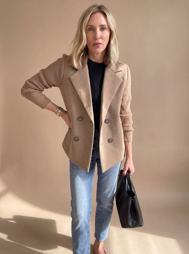 Women's Double Breasted Blazer with Ribbed Sleeves - Hazel - Khaki