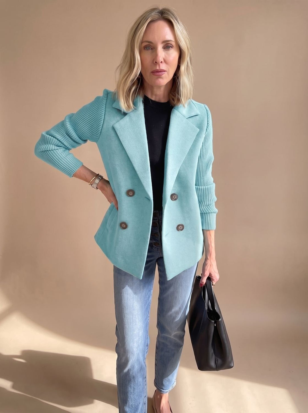Women's Double Breasted Blazer with Ribbed Sleeves - Hazel - Light Blue