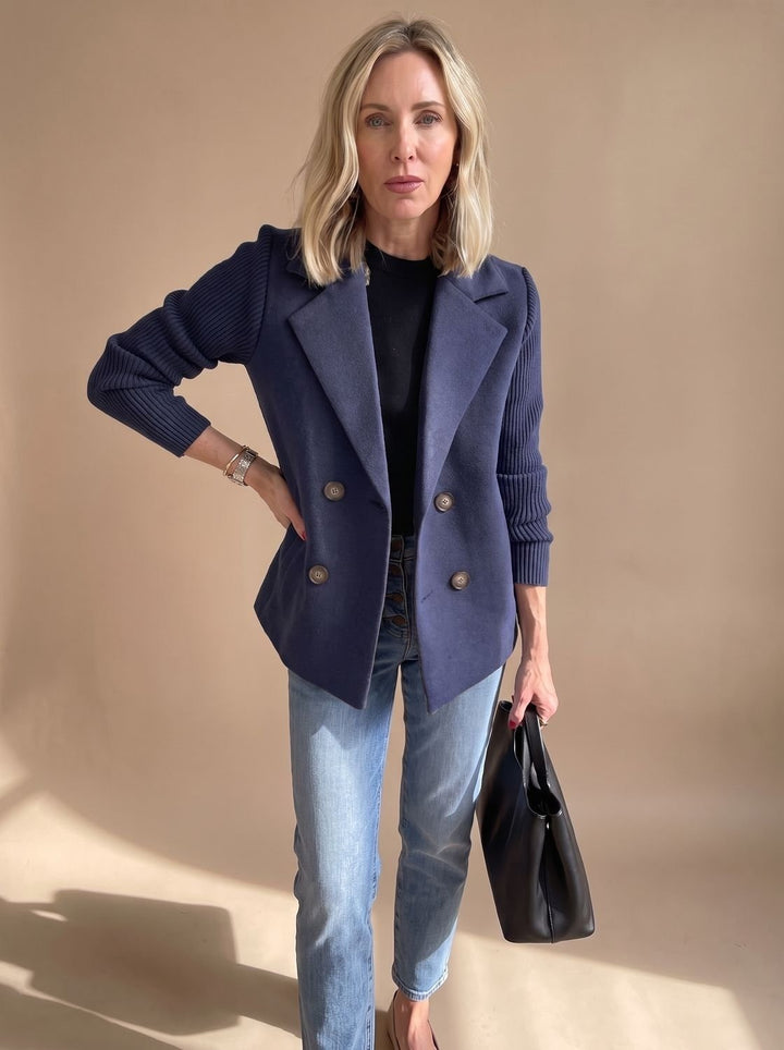 Women's Double Breasted Blazer with Ribbed Sleeves - Hazel - Navy