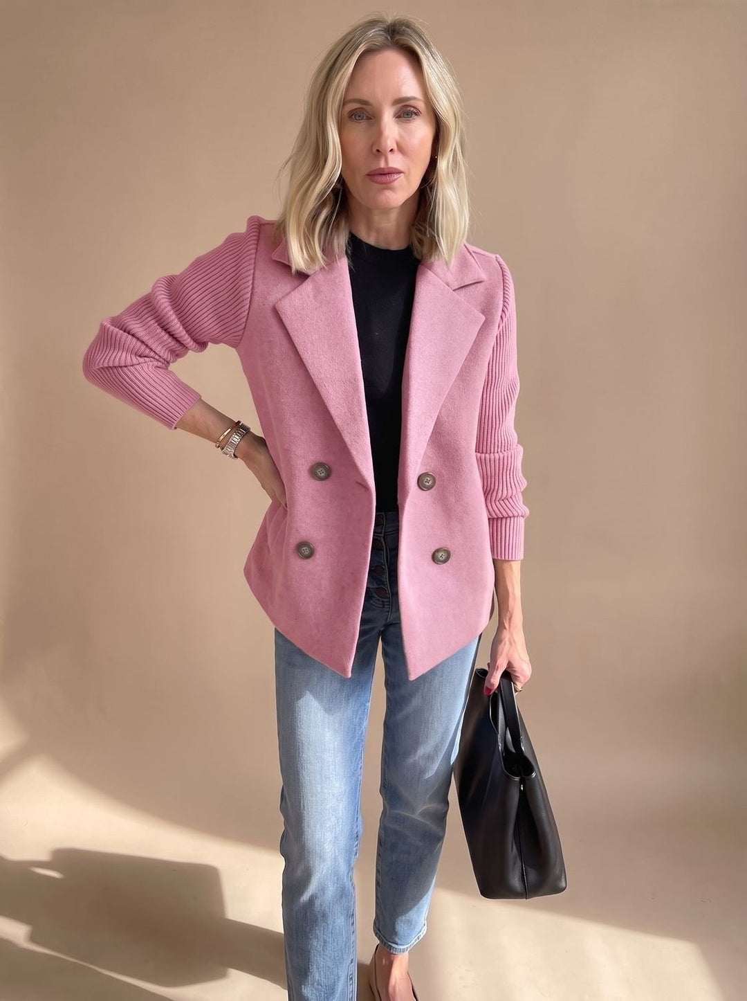 Women's Double Breasted Blazer with Ribbed Sleeves - Hazel - Pink