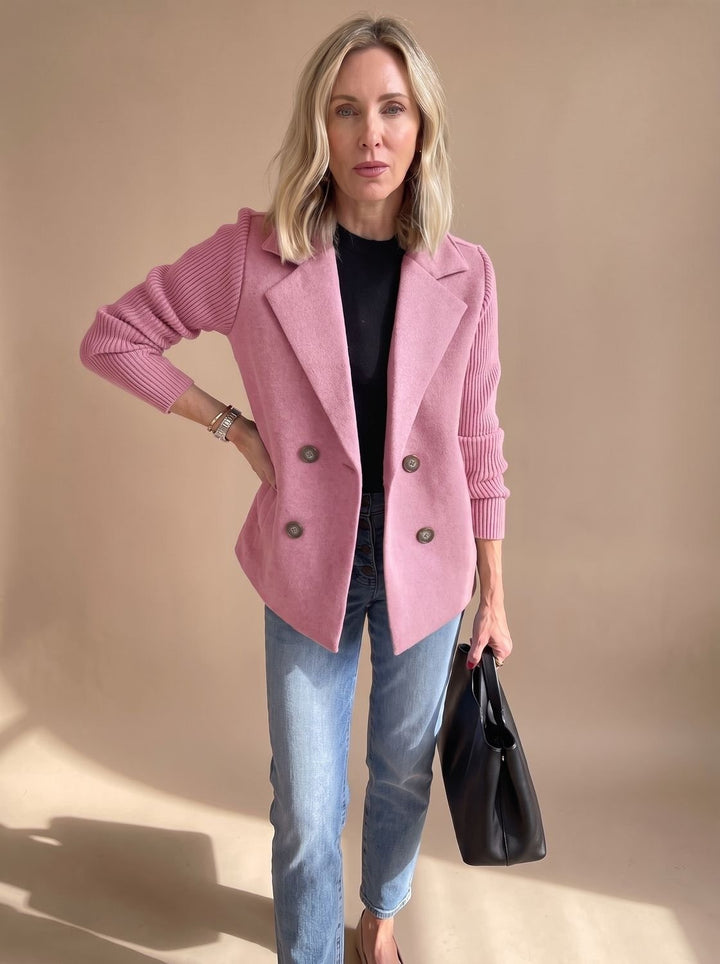 Women's Double Breasted Blazer with Ribbed Sleeves - Hazel - Pink
