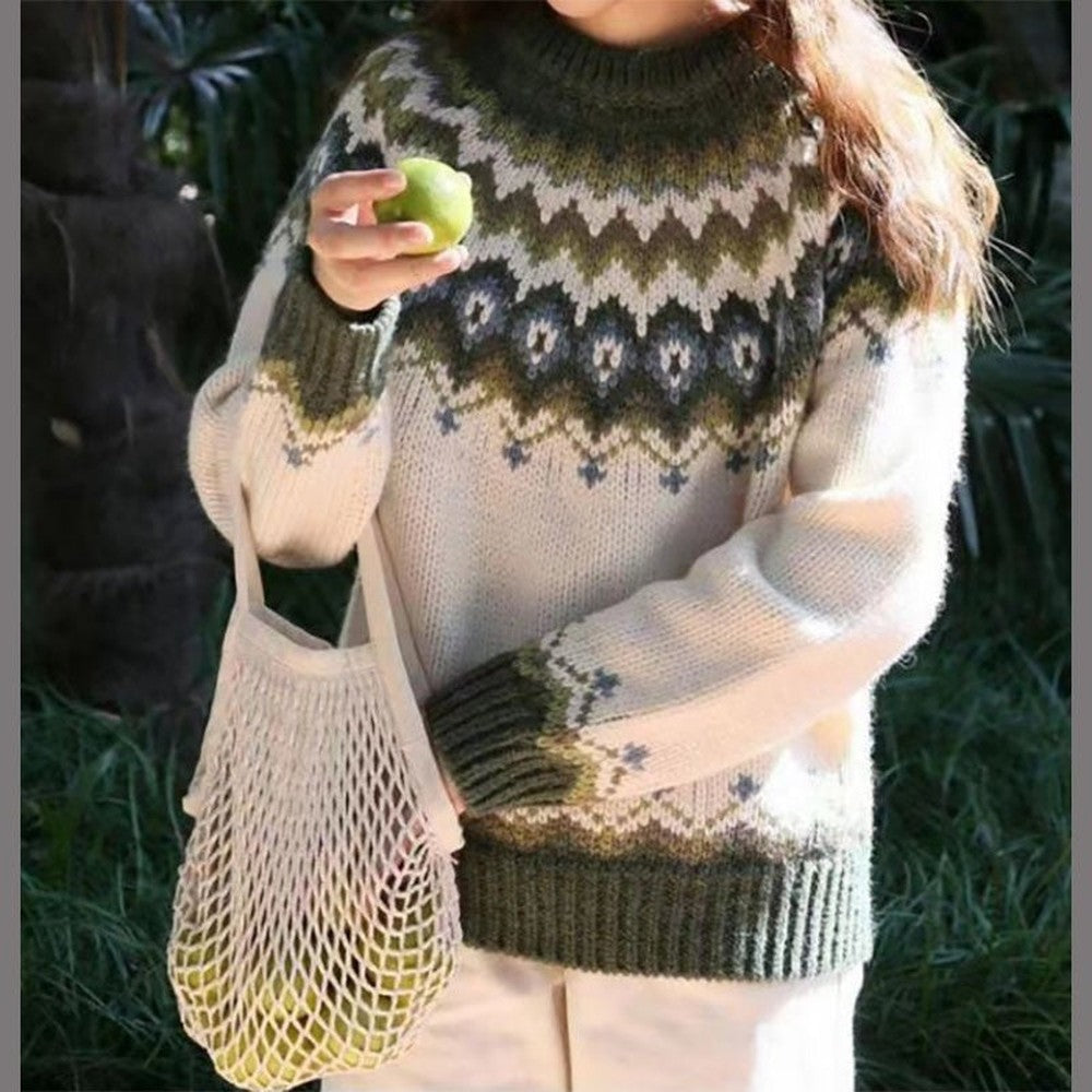 Women's Fair Isle Sweater with Mock Neck - Nadia - Cream Green