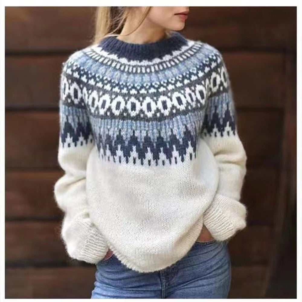 Women's Fair Isle Sweater with Mock Neck - Nadia - Cream Navy
