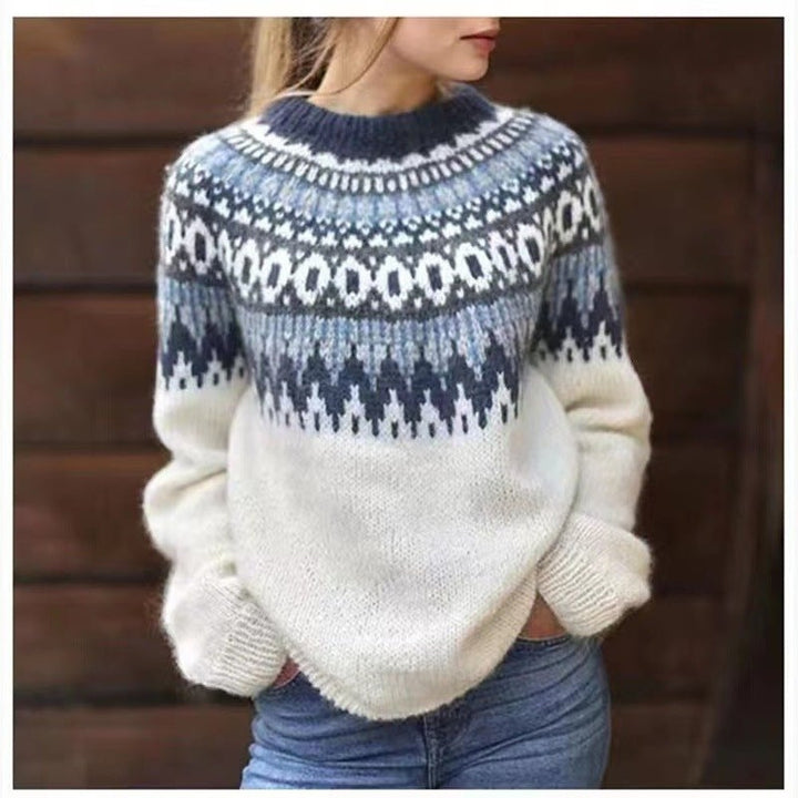 Women's Fair Isle Sweater with Mock Neck - Nadia - Cream Navy