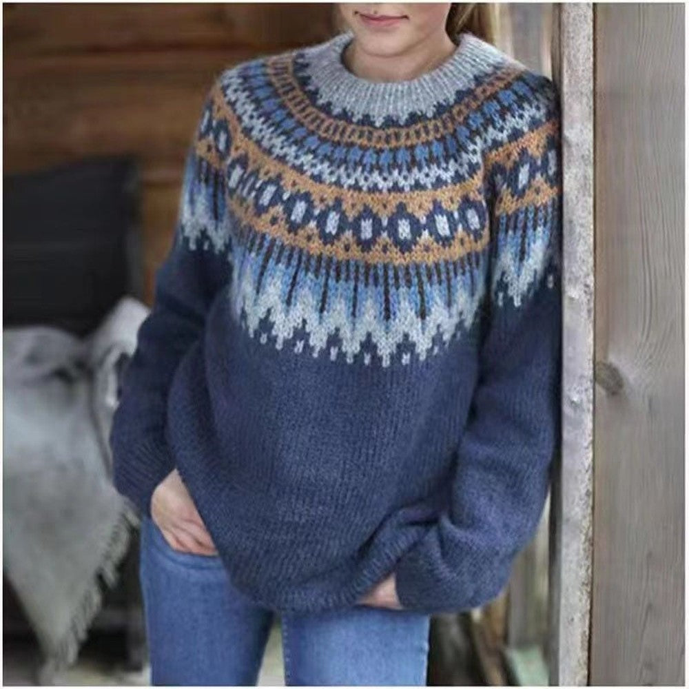 Women's Fair Isle Sweater with Mock Neck - Nadia - Navy