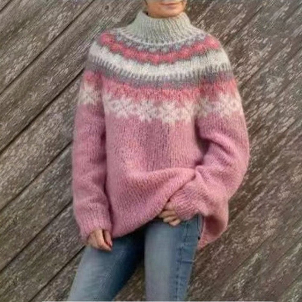 Women's Fair Isle Sweater with Mock Neck - Nadia - Pink