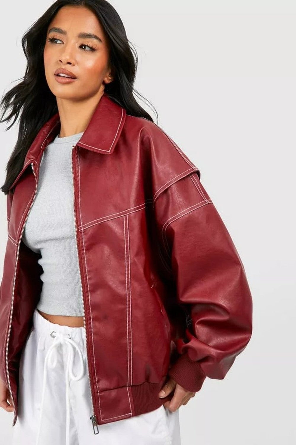 Women's Oversized Faux Leather Bomber Jacket - Lena - Wine Red