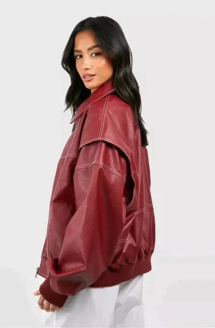 Women's Oversized Faux Leather Bomber Jacket - Lena - Wine Red