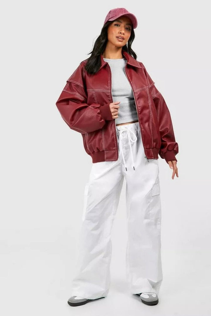 Women's Oversized Faux Leather Bomber Jacket - Lena - Wine Red