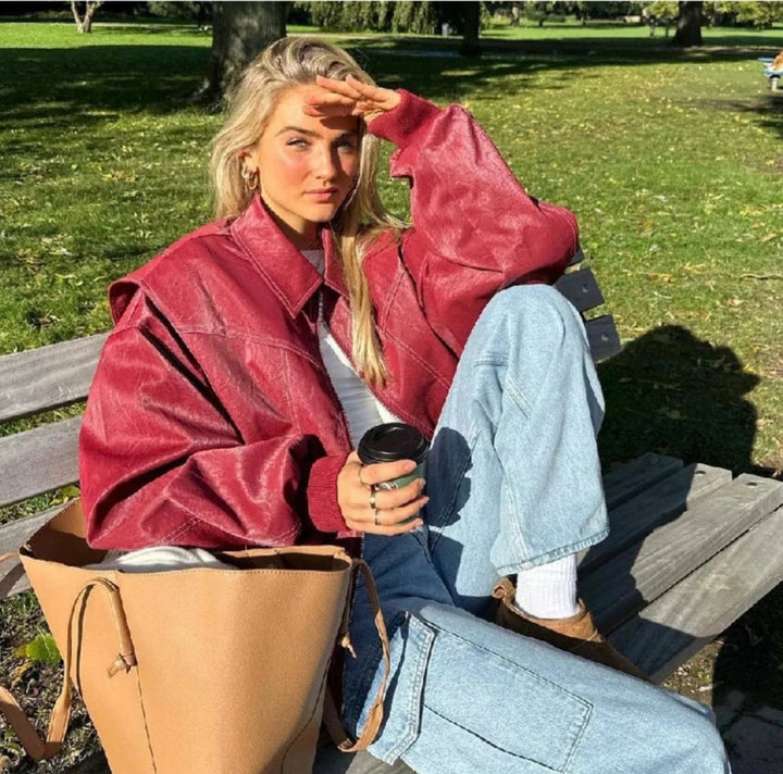Women's Oversized Faux Leather Bomber Jacket - Lena - Wine Red