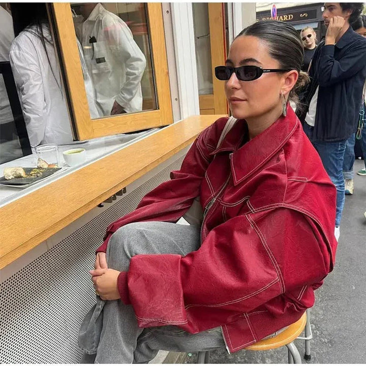 Women's Oversized Faux Leather Bomber Jacket - Lena - Wine Red