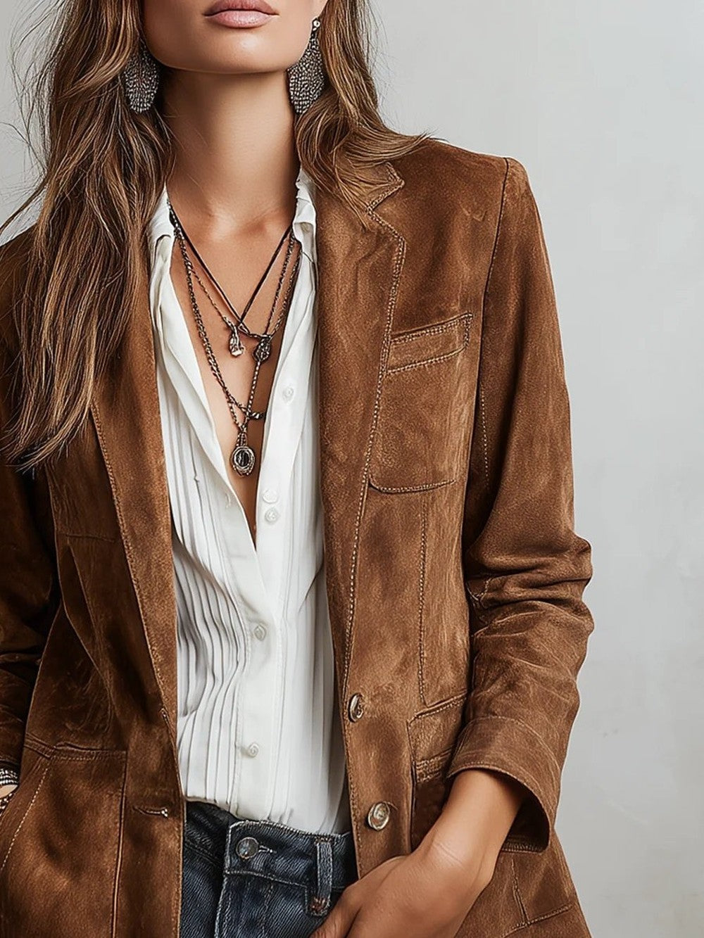 Women's Faux Suede Blazer with Patch Pockets - Pearl - Brown
