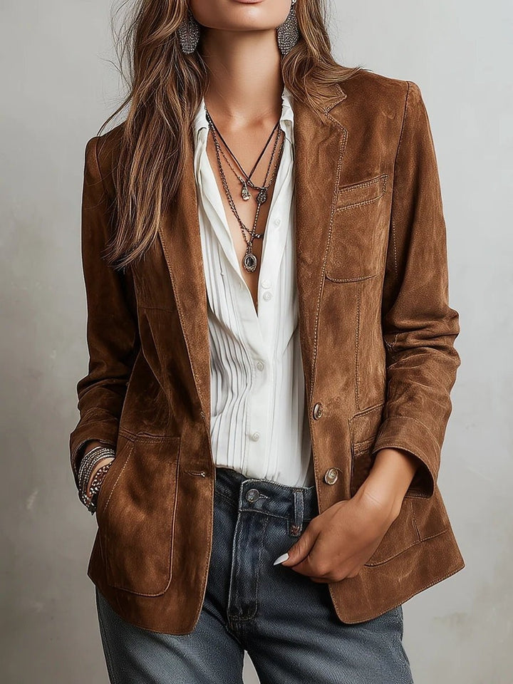 Women's Faux Suede Blazer with Patch Pockets - Pearl - Brown