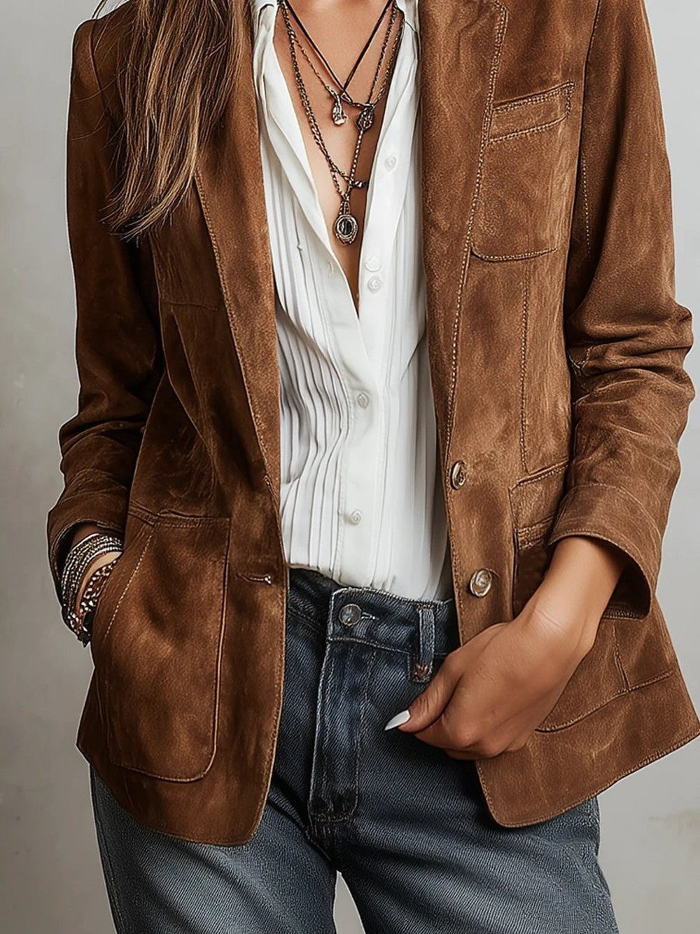 Women's Faux Suede Blazer with Patch Pockets - Pearl - Brown