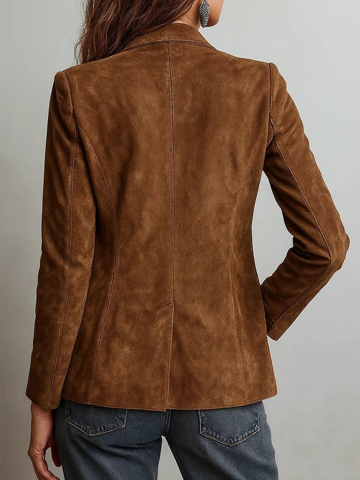 Women's Faux Suede Blazer with Patch Pockets - Pearl - Brown