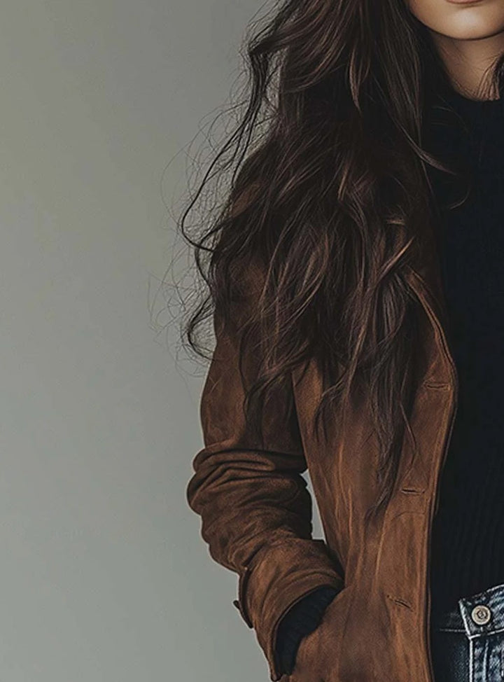 Women's Faux Suede Long Coat with Notch Lapels - Waverly - Brown