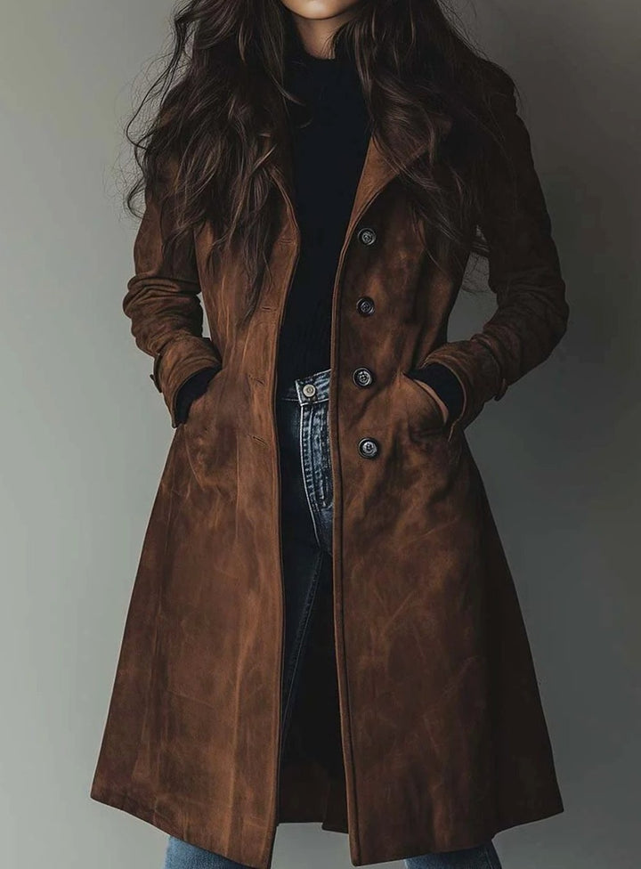 Women's Faux Suede Long Coat with Notch Lapels - Waverly - Brown